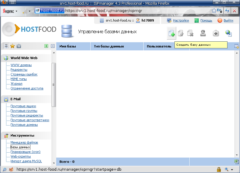 переходим в раздел управления базами данных, в панели управления хостингом